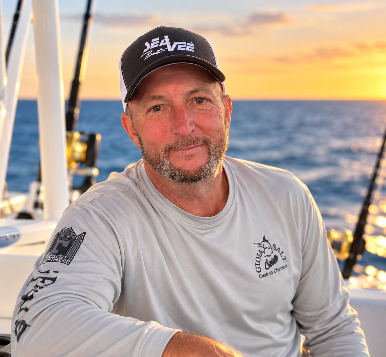 Stylized promotional portrait based on a supplied photo of Kenny KDog Wittmer aboard a fishing boat